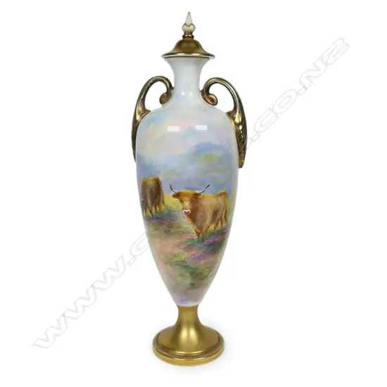 A Royal Worcester Highland cattle lidded urn,