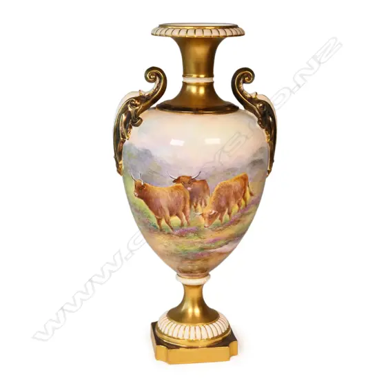 A Royal Worcester Highland Cattle vase by Ernest Townsend,