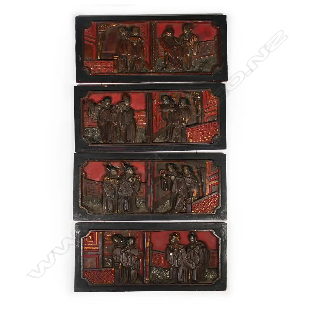 A set of four old Chinese carved and lacquered panels, Image 1++