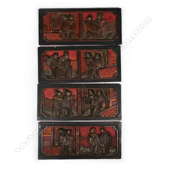 A set of four old Chinese carved and lacquered panels,