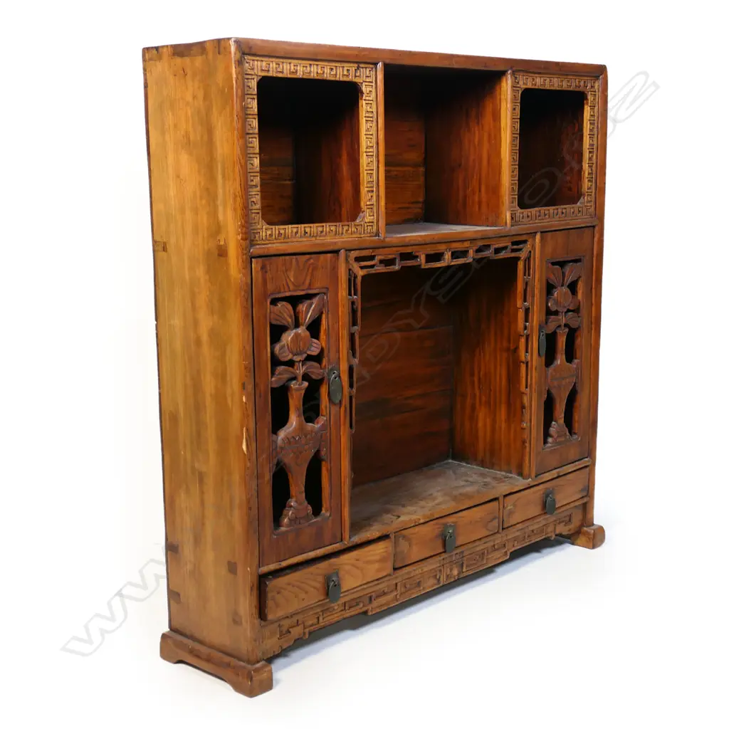 An old Chinese carved hardwood free-standing display cabinet, Image 1++