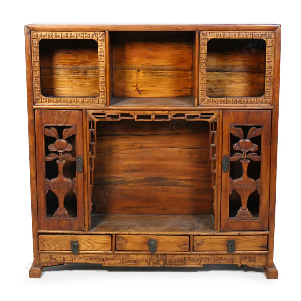 An old Chinese carved hardwood free-standing display cabinet, Image 1++