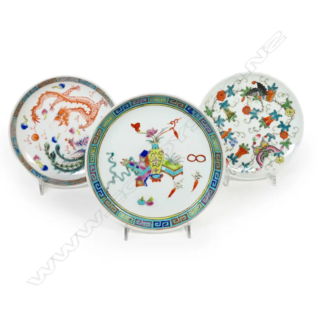 Three Chinese Minya famille rose saucer dishes, Image 1++