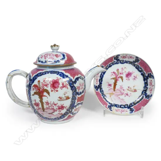Late 18thC Chinese famille rose teapot and saucer dish,