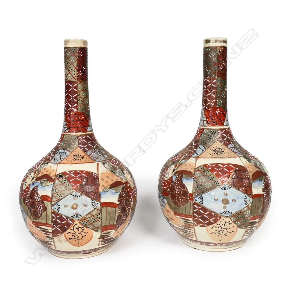 A pair of Meiji Japanese Satsuma bottle vases, Image 1++