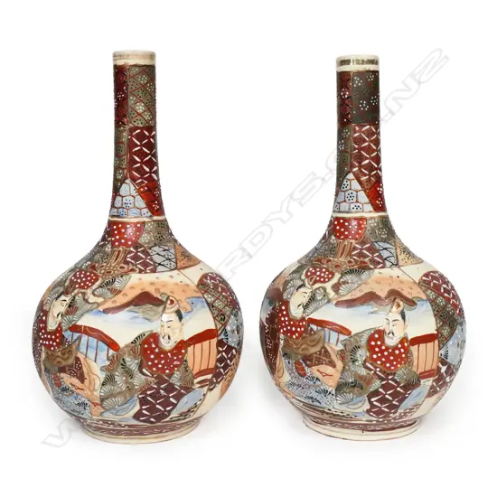 A pair of Meiji Japanese Satsuma bottle vases,