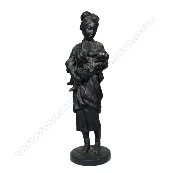 A large vintage Japanese bronze figure 'Mother and Child',