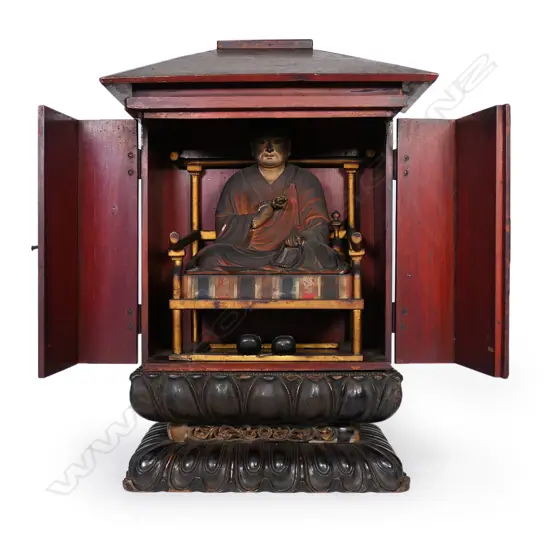 Late Edo period carved and lacquered cypress wood zushi,