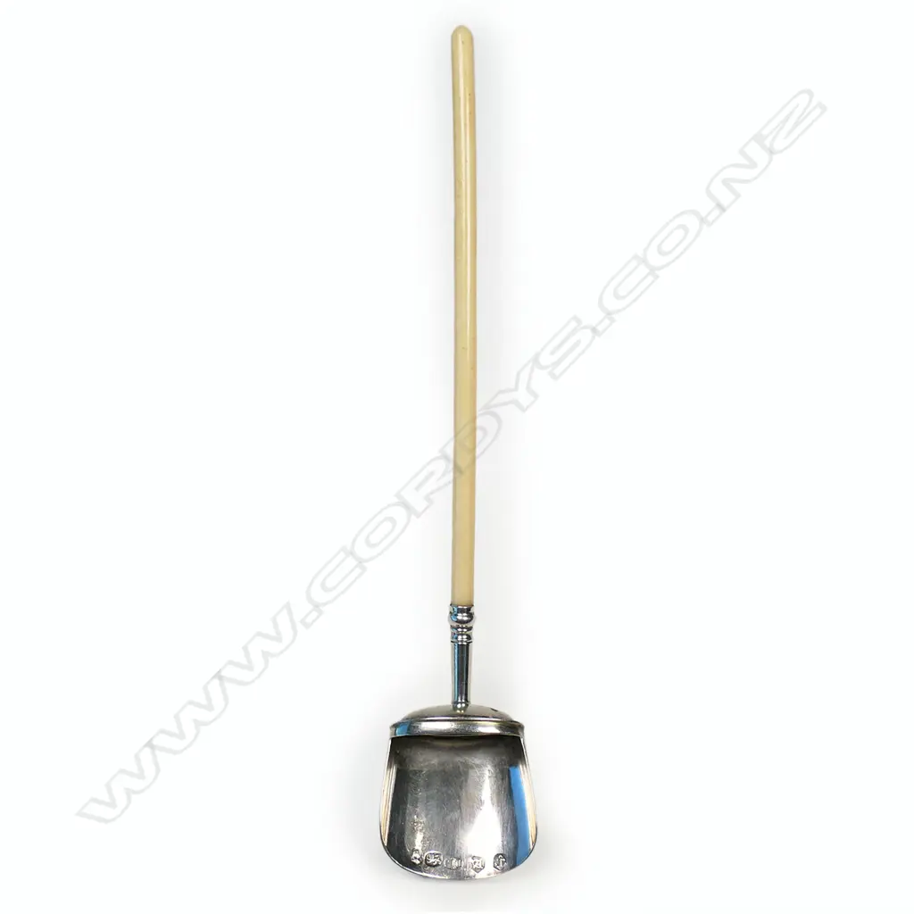 A George III silver and long bone handled tea caddy shovel spoon, Image 1++