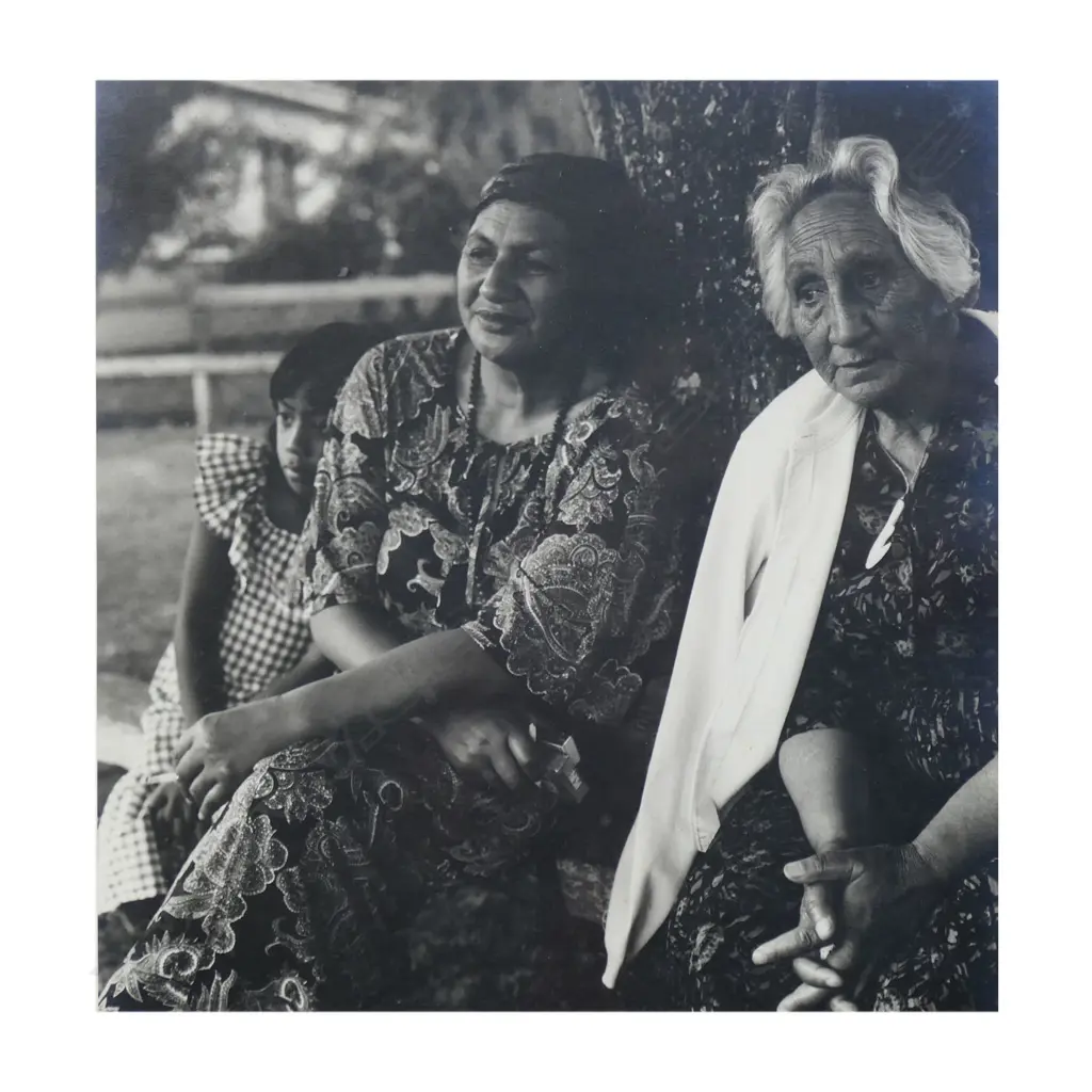 Ans Westra (1936-2023) 'Koriniti Marae (Whanganui area) after Unveiling' (1979), gelatin silver print, signed with artist's initials A.W. Artist's label verso. 265 x 253mm. Note: After arriving in the country from her native Holland, Westra made her first trip up the Whanganui River in 1960 and began an engagement with the people of the region that continued through her life. Image 1++