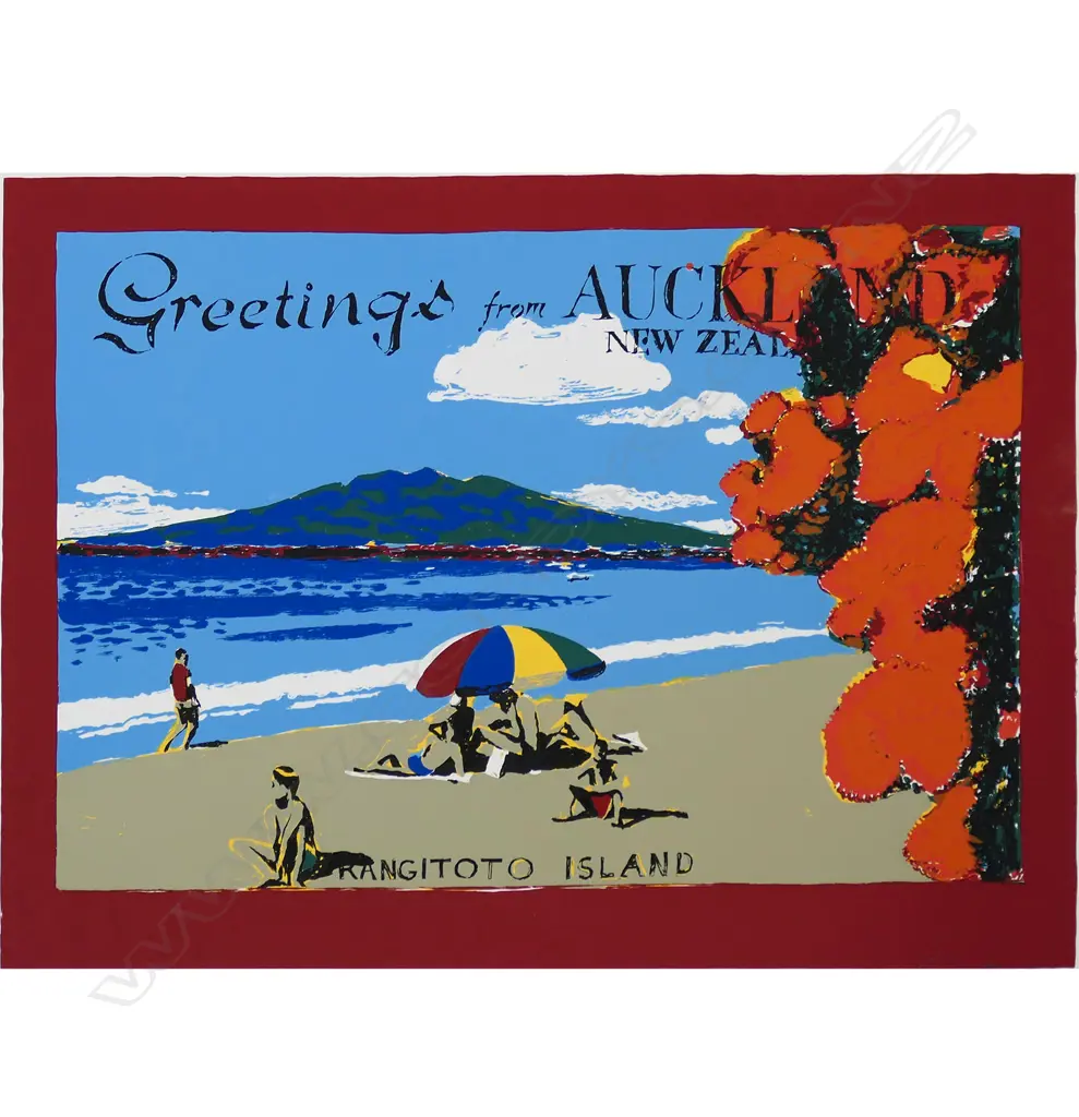 Dick Frizzell (1943-) 'Greetings from Auckland New Zealand Rangitoto Island', Image 1++