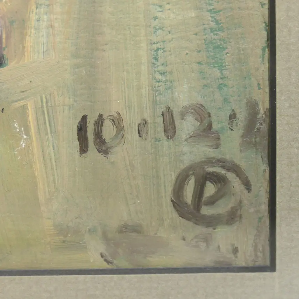 PHYLLIS MARY CROWLEY (1913-1994), MAN GLAZING/PAINTING POTTERY 1949, OIL ON BOARD, MONOGRAMMED & DATED 10.12.49 Image 1++