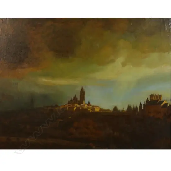 Manuel Montoya (Spain 1938-2009), Morning sunlight and clouds over city,