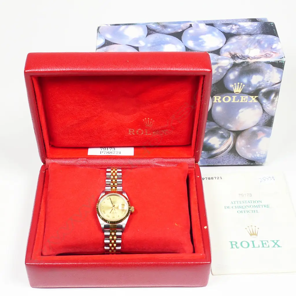 A ladies 18ct gold and stainless-steel Rolex oyster perpetual datejust wrist watch, Image 1++