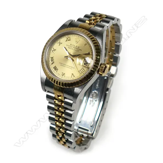 A ladies 18ct gold and stainless-steel Rolex oyster perpetual datejust wrist watch,