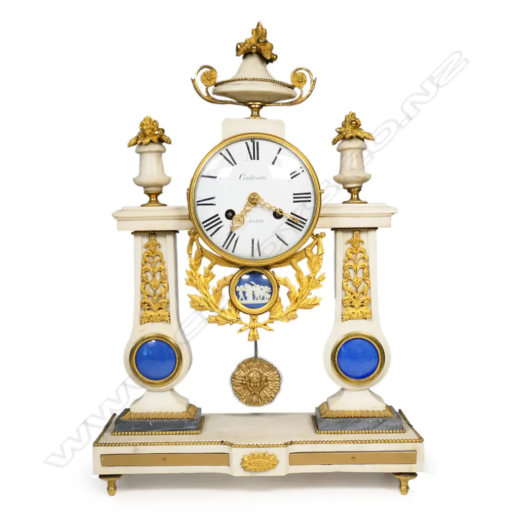 A Louis XVI white marble and ormolu mantel clock by Contreau of Paris, Image 1++