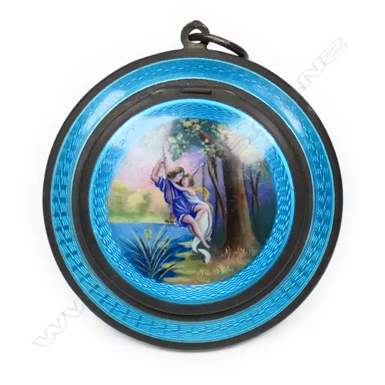 A 1920's Swiss 935 silver and guilloche enamel compact/pendant,