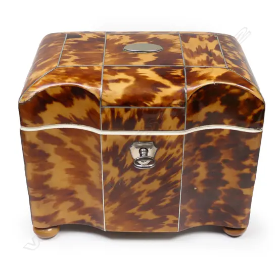 A small George III/early Victorian tortoiseshell casket form tea caddy,