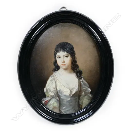 A portrait miniature in oils on copper of a girl, in early 18thC manner,