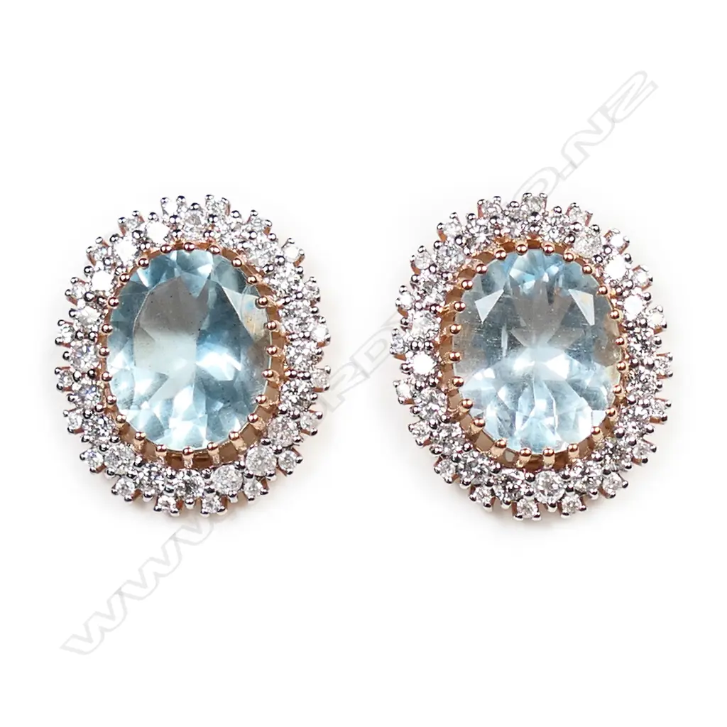 A pair of 14ct rose gold aquamarine and diamond antique style earrings, Image 1++