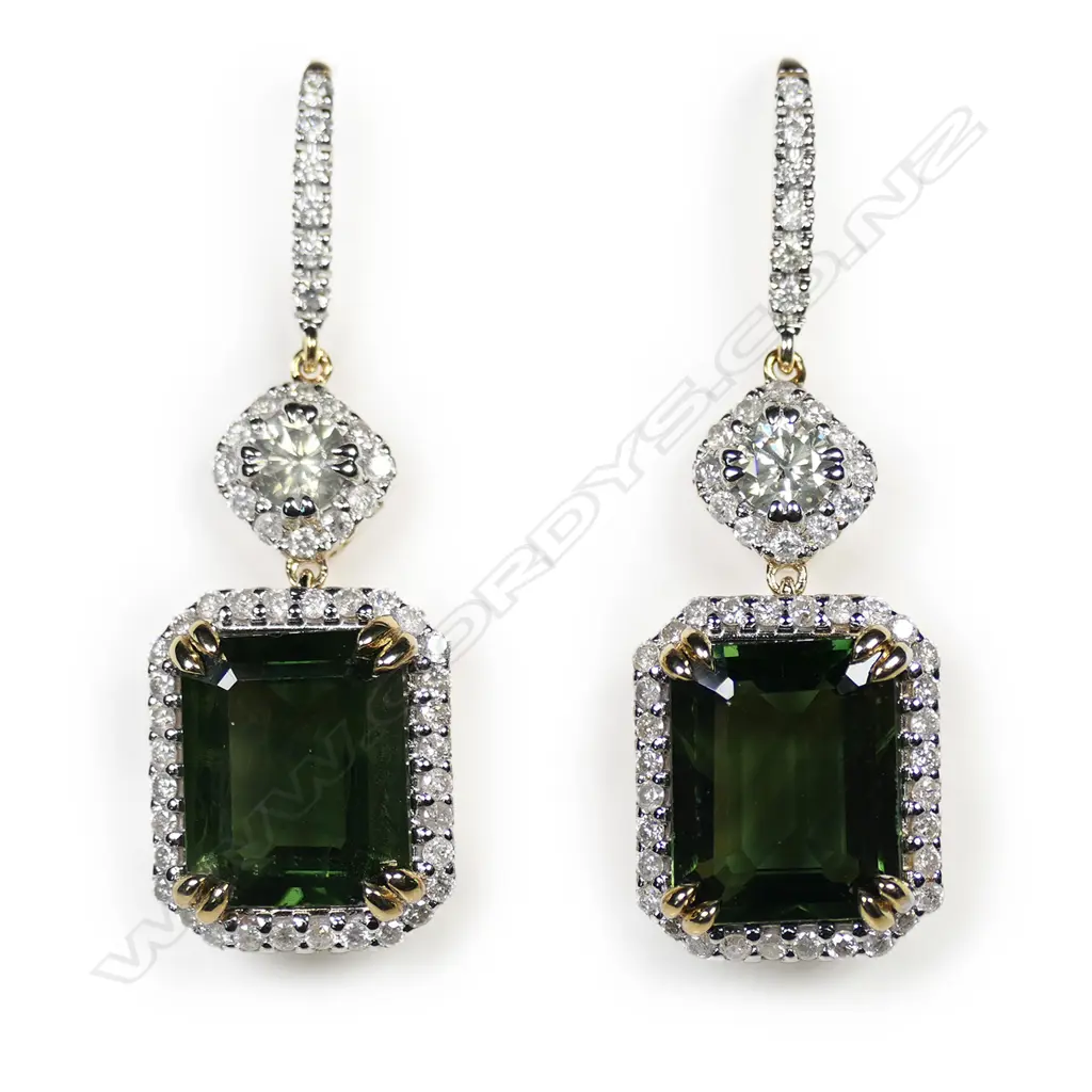 A pair of 14ct yellow and white gold green sapphire and diamond halo drop earrings, Image 1++