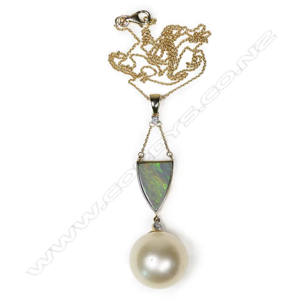 A 14ct gold opal, pearl and diamond necklace, Image 1++