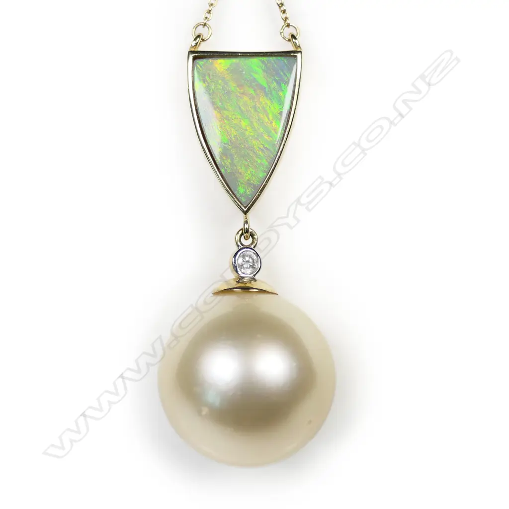 A 14ct gold opal, pearl and diamond necklace, Image 1++