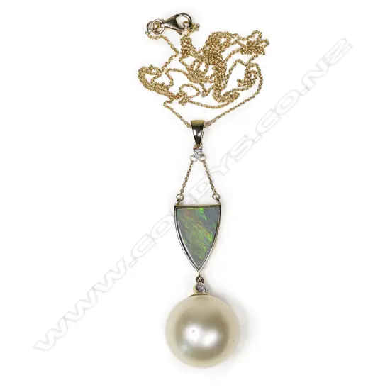 A 14ct gold opal, pearl and diamond necklace,