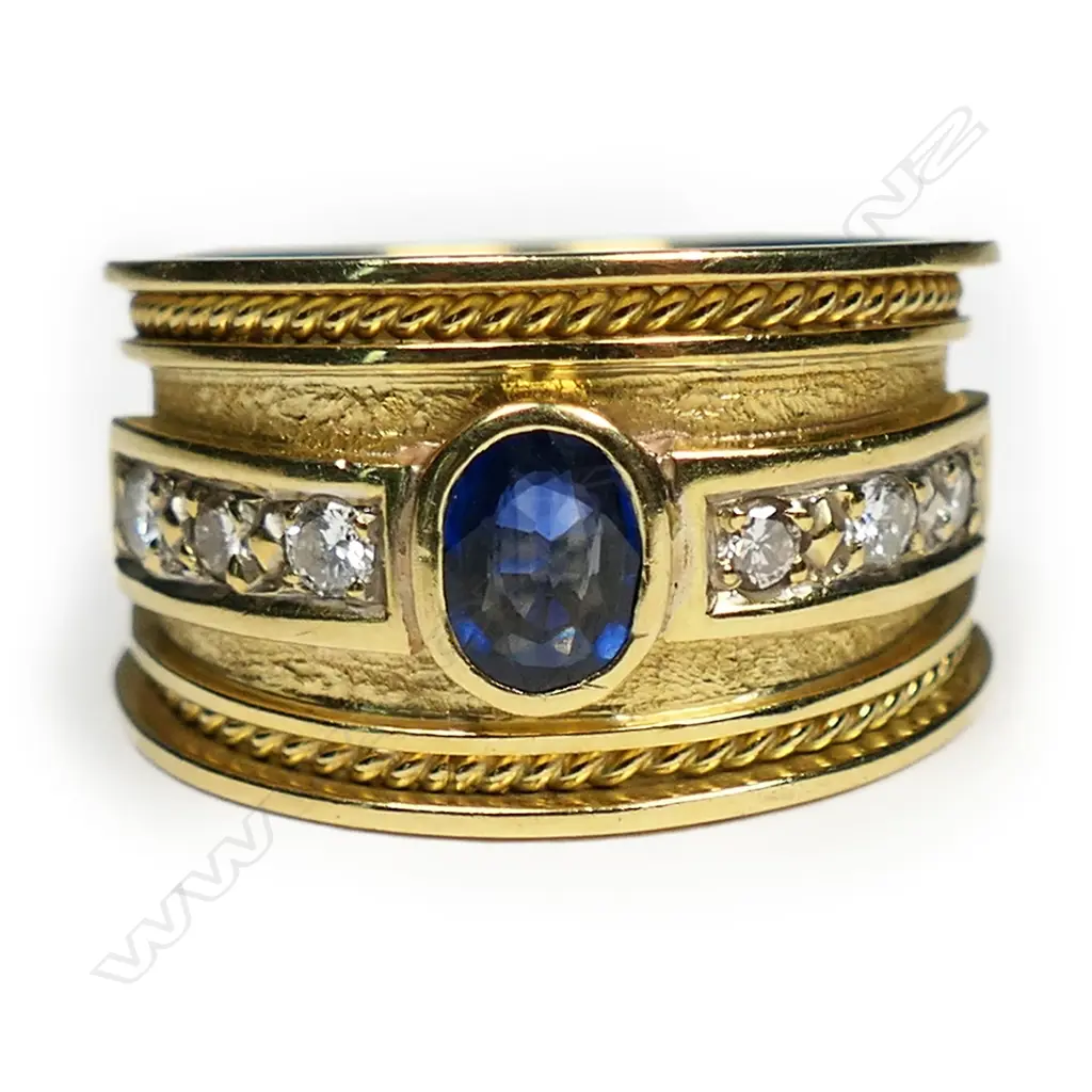 A heavy 18ct yellow gold sapphire and diamond wide band ring, Image 1++