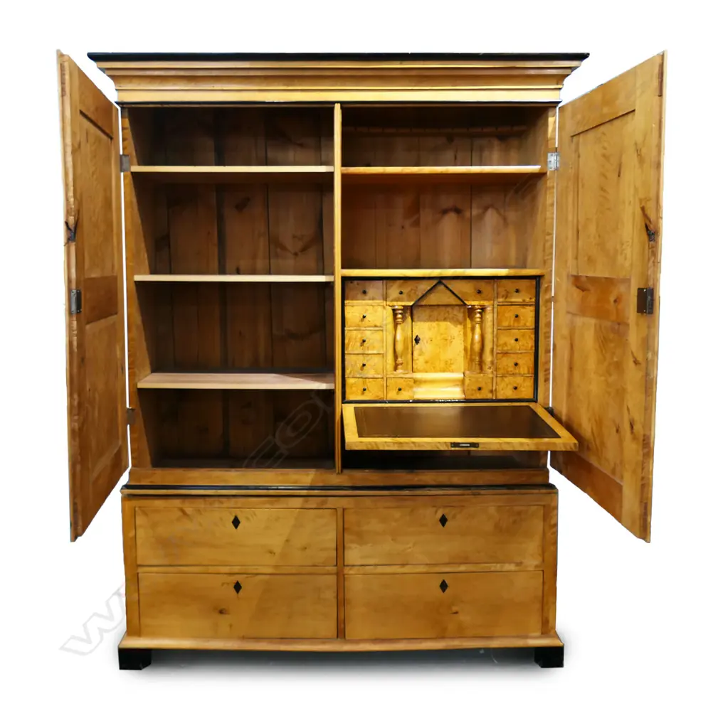 19thC Biedermeier figured satinwood linen press/secrétaire, Image 1++