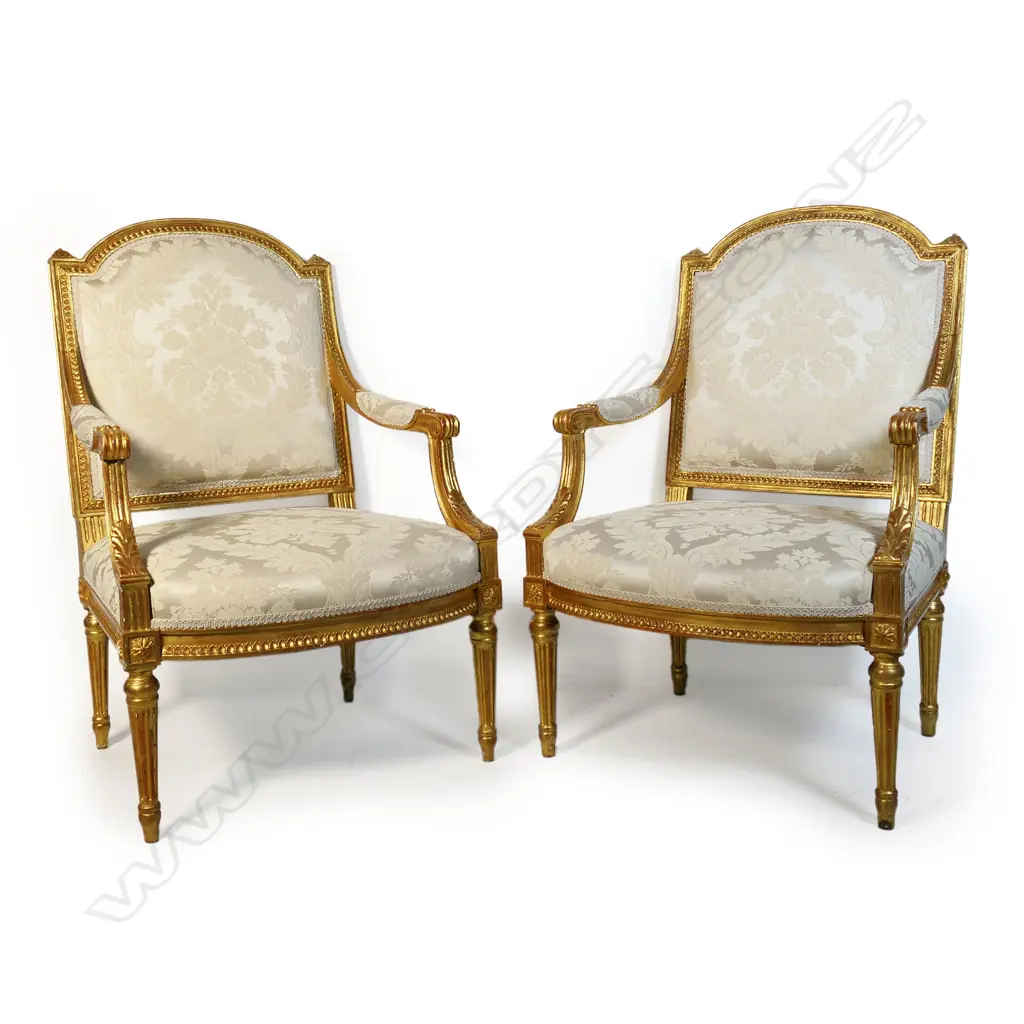 A pair of French Louis XVI style open elbow armchairs, Image 1++