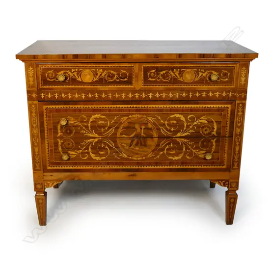 A Continental inlaid three drawer chest,