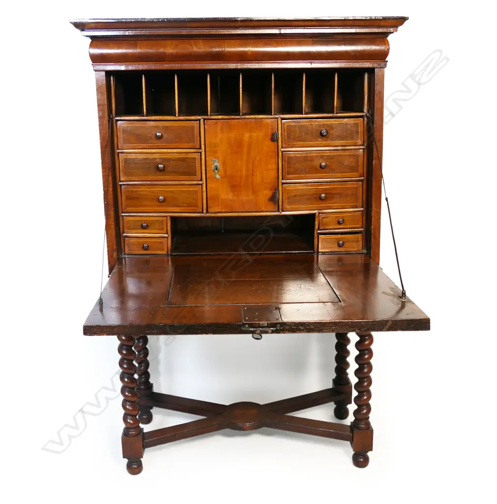 An 18thC Continental mahogany secretaire on stand, Image 1++