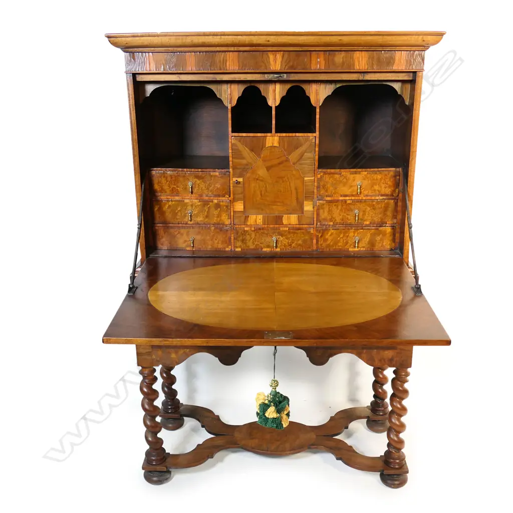 A 19thC Continental walnut secretaire on stand, Image 1++