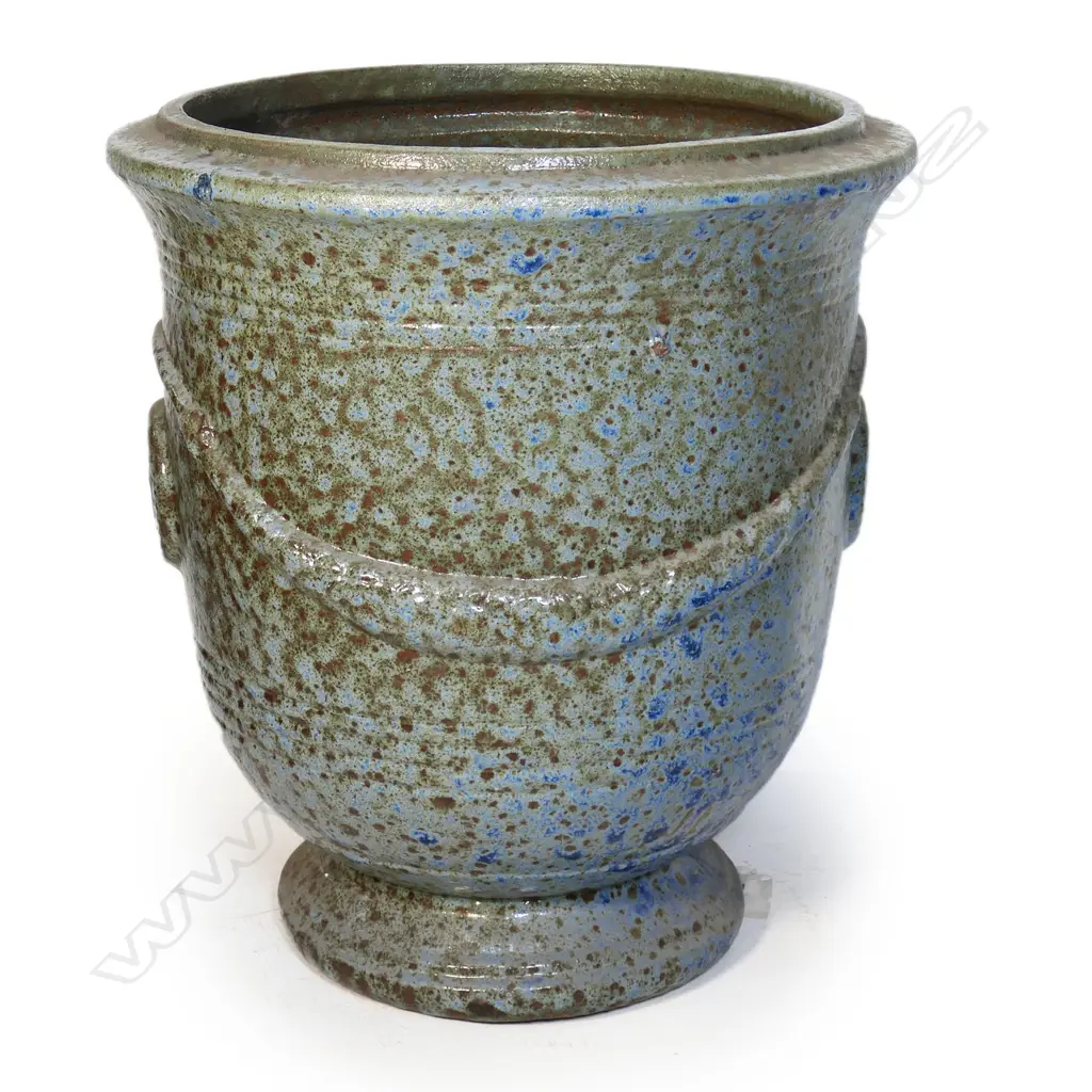 A large Versailles pedestal urn, coral blue mottled glaze, relief swags and 'Versailles' panels. H.750mm. Dia.650mm Image 1++