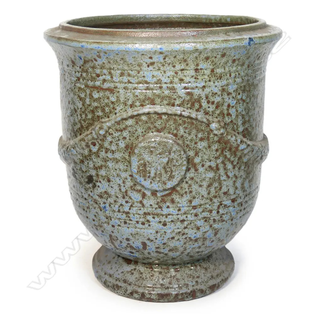 A large Versailles pedestal urn, coral blue mottled glaze, relief swags and 'Versailles' panels. H.750mm. Dia.650mm Image 1++