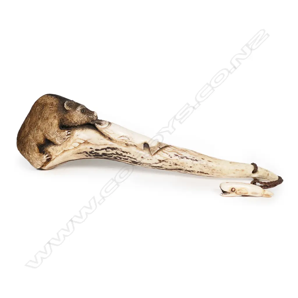Des Baker NZ carved stag antler fisherman's priest, Image 1++