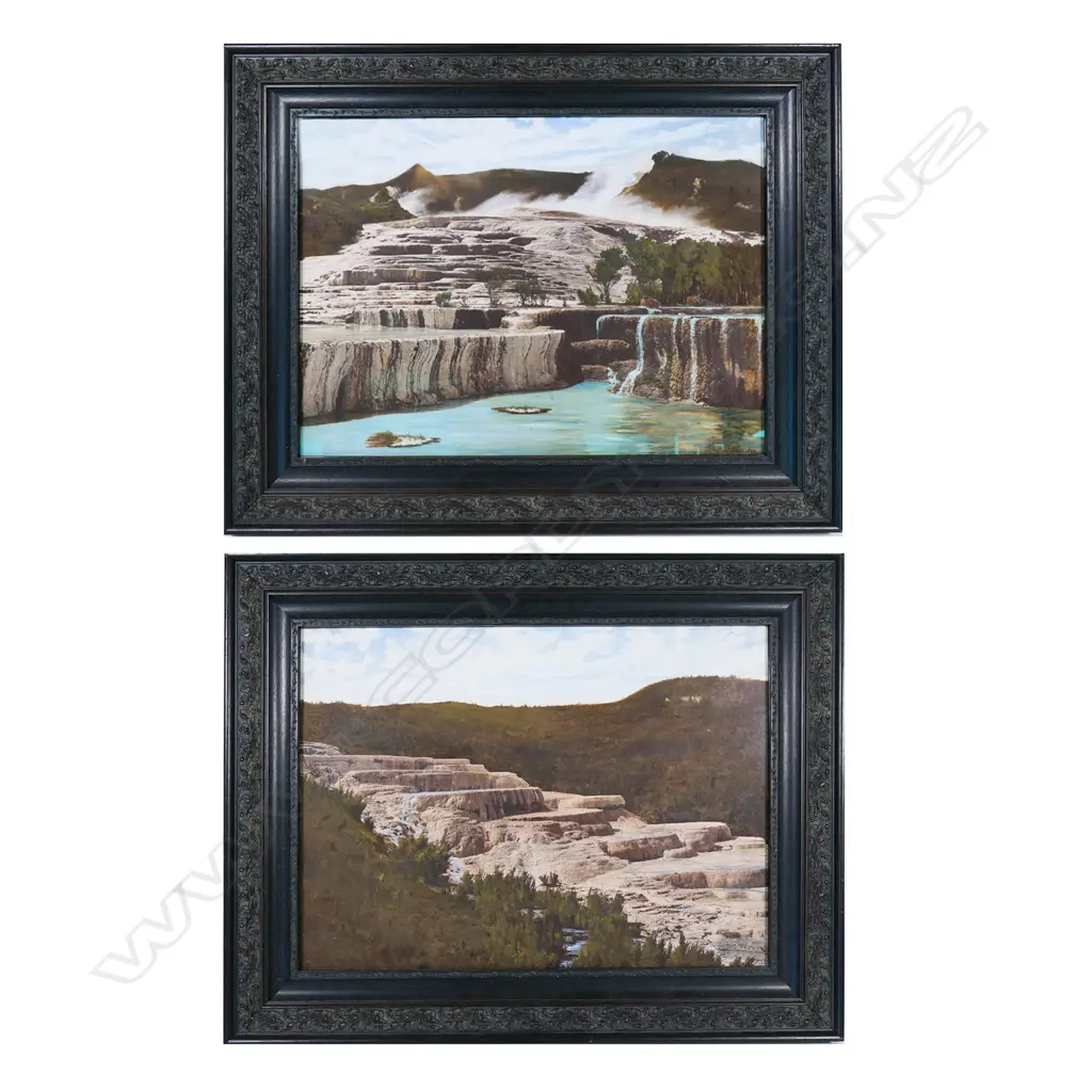 A pair of large format hand-coloured Pink and White Terraces photographs, Image 1++