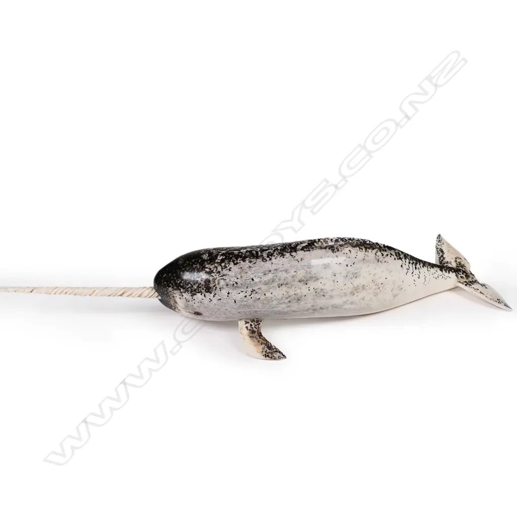Des Baker carved whale bone sculpture of a narwhal, Image 1++
