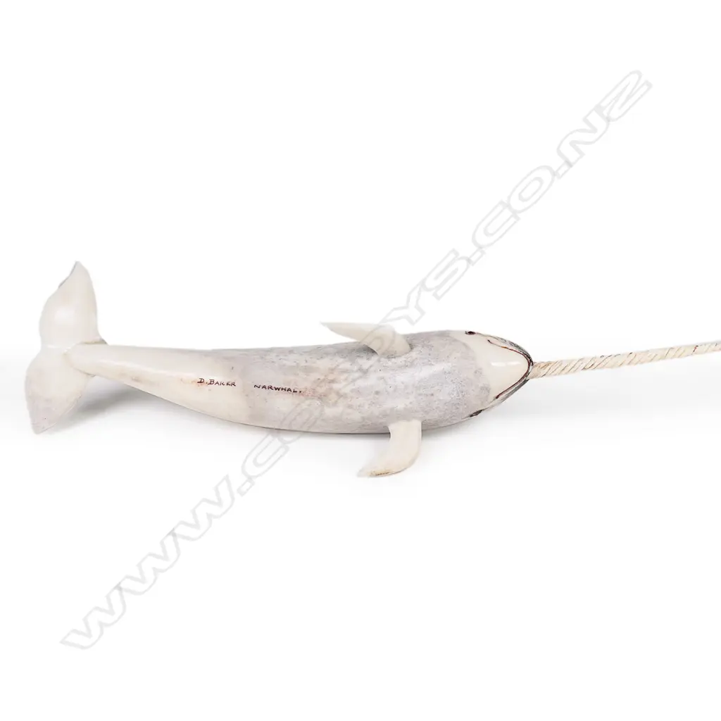 Des Baker carved whale bone sculpture of a narwhal, Image 1++