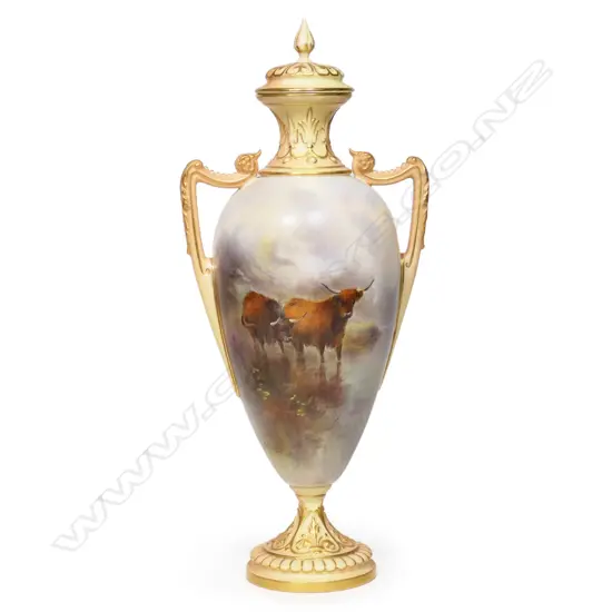 A Royal Worcester Highland Cattle lidded ewer by John Stinton,