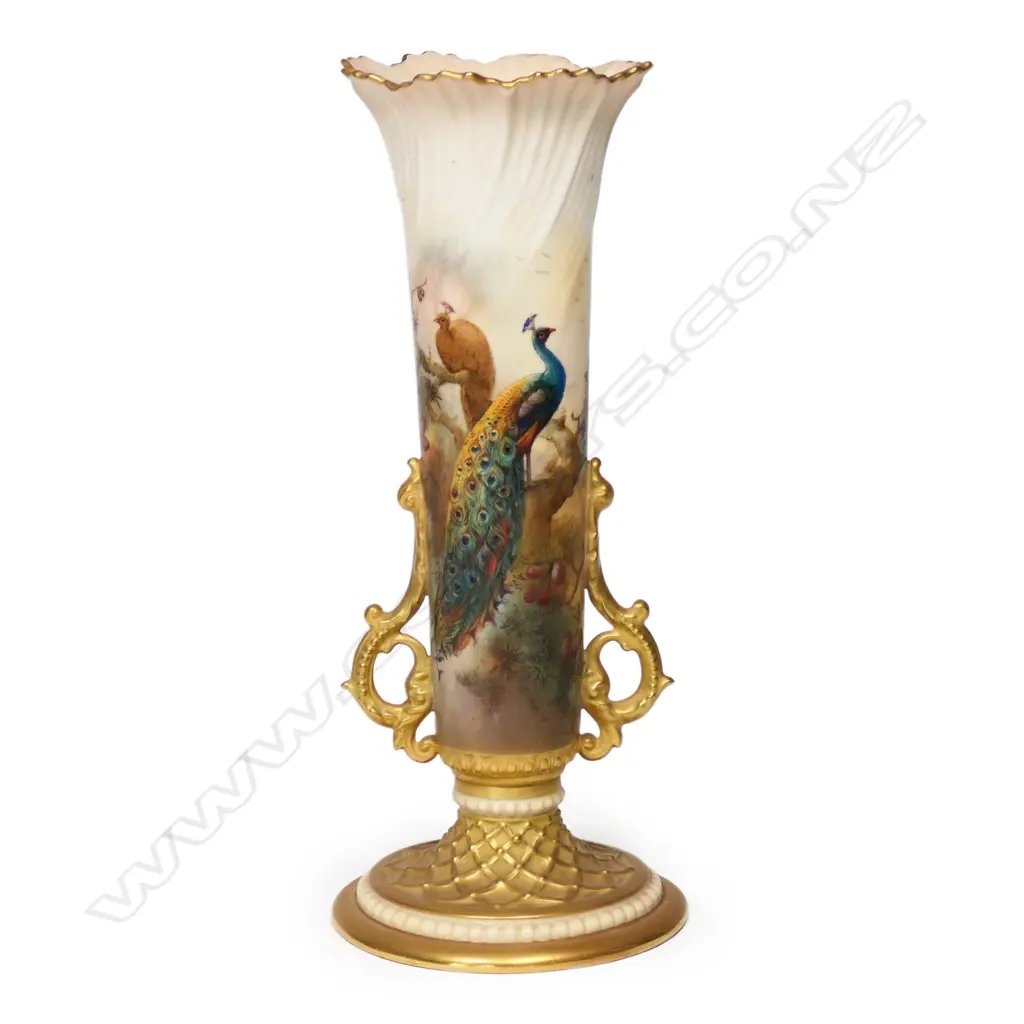 A Royal Worcester trumpet vase painted with peacocks, Image 1++