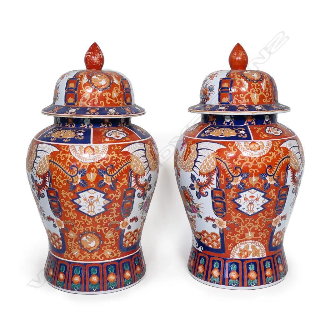 A  pair of very large 20thC Imari hand painted lidded urns, Image 1++