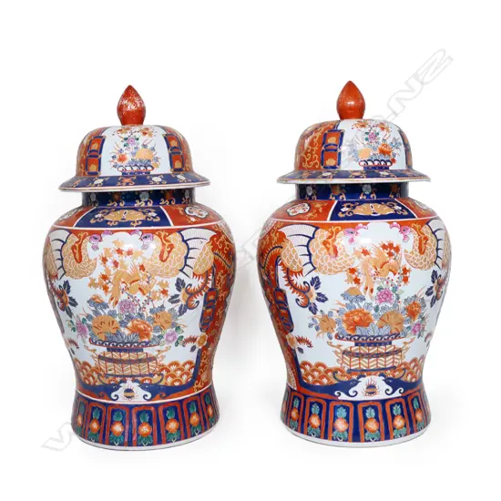 A  pair of very large 20thC Imari hand painted lidded urns,