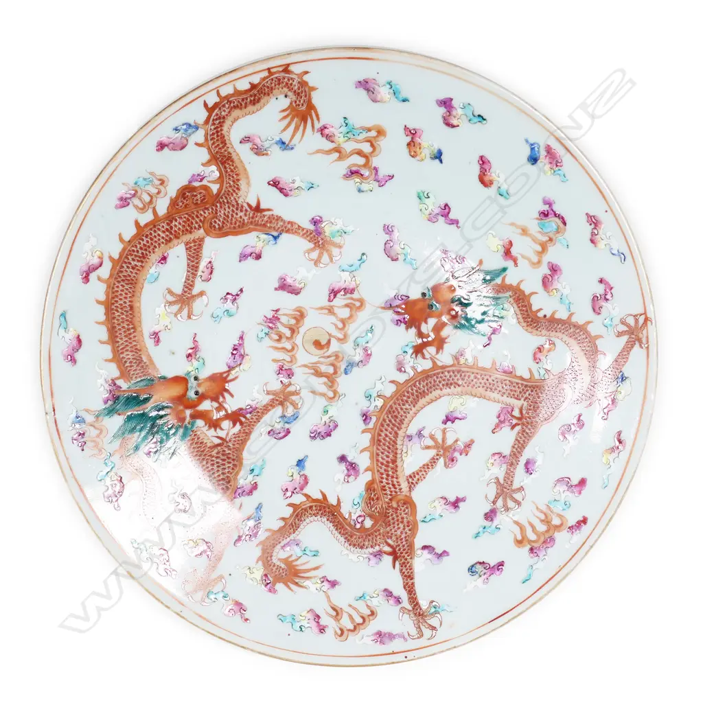 An old Chinese red dragon large plate, Image 1++