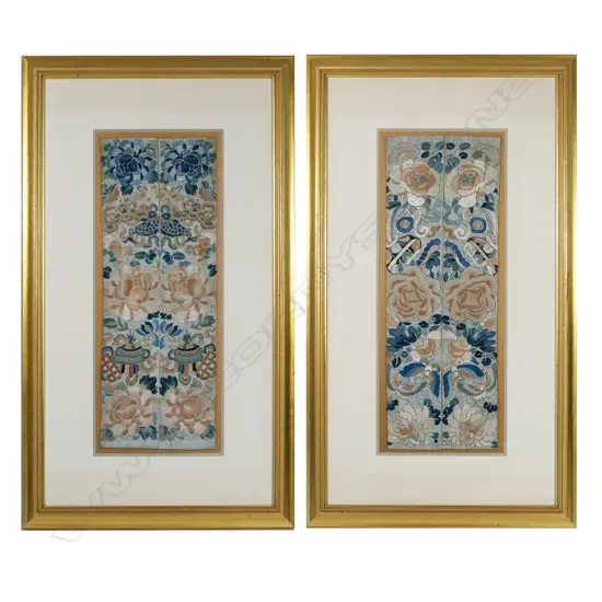 Two pairs of framed Chinese Mandarin's cuffs,
