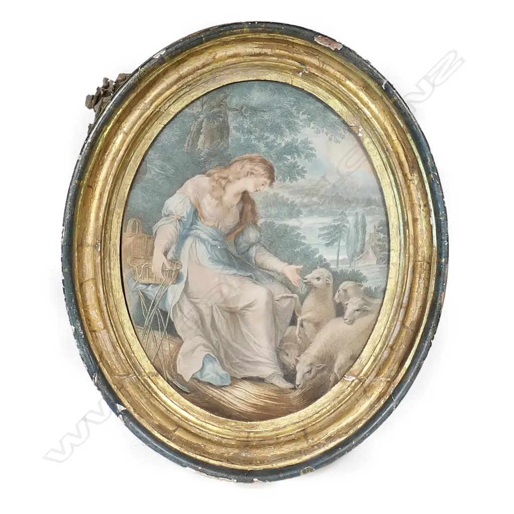 GEORGIAN OVAL FRAMED COLOUR MEZZOTINT.  325 X 250MM Image 1++