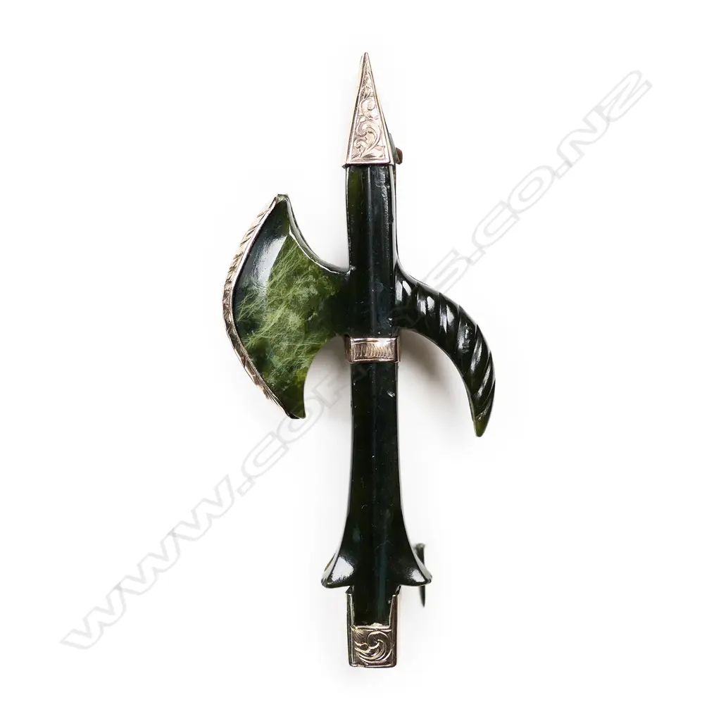 A colonial 9ct rose gold and pounamu (Marsden Flower) brooch, Image 1++