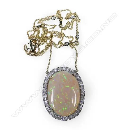 A 14ct gold opal and diamond halo necklace,