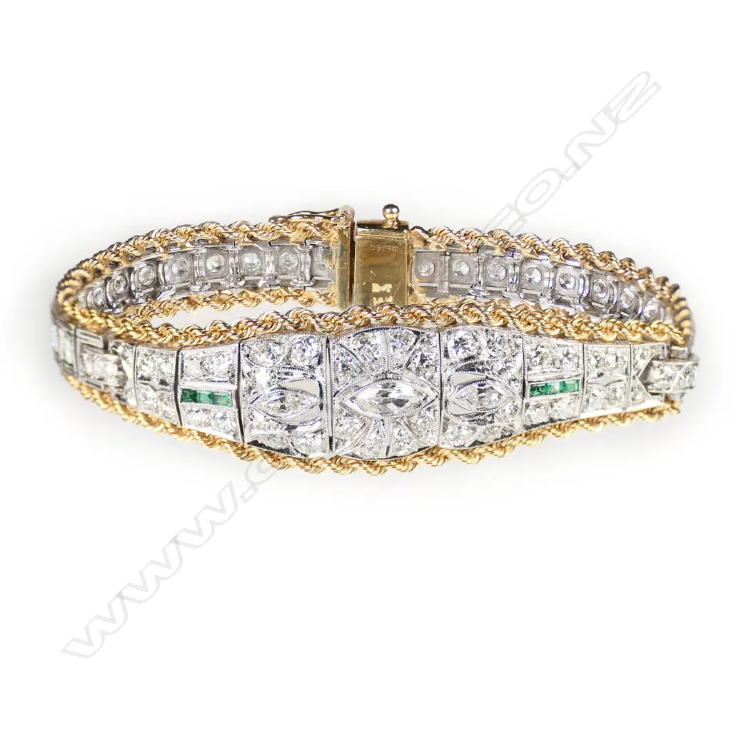 An impressive vintage platinum and 14ct yellow gold diamond and emerald bracelet, Image 1++